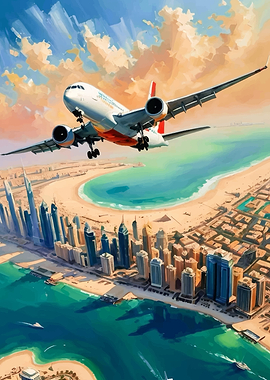 Airplane flying over a coastal city