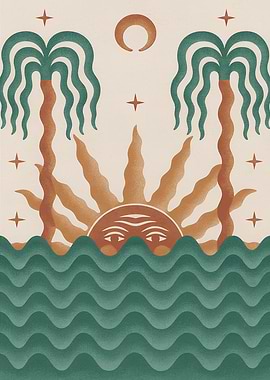 Sun and Palm Trees Over Ocean