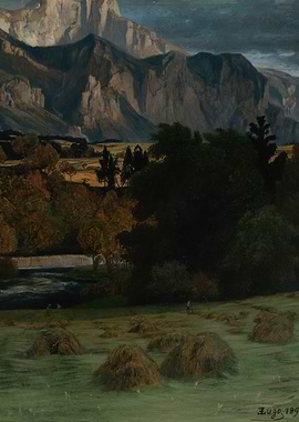 Mountain Landscape with Haystacks and River