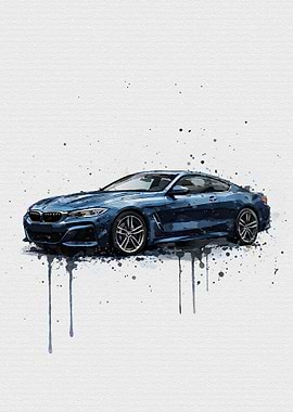 Blue BMW Coupe Watercolor Splash Art