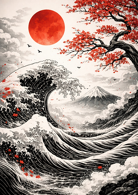 Great Wave with Red Sun and Mt. Fuji