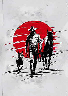 Cowboy with Dog and Horse