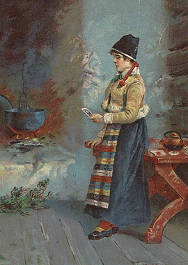 Woman in traditional clothing by a fireplace