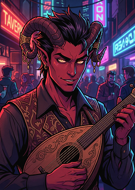 Tiefling Bard Playing Lute in Neon City