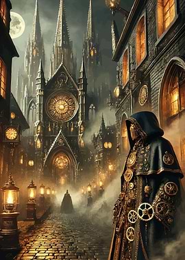 Steampunk Cityscape with Mysterious Figure