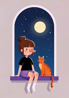 Girl and Cat on a Moonlit Night