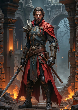 Fantasy Knight in Ruined Castle