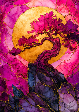 Bonsai Tree on Rocky Outcrop Under Golden Moon