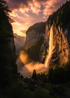 Golden Waterfall in Lauterbrunnen Valley