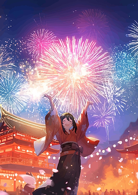 Girl Enjoying Fireworks in Kimono