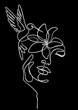 Line Art Woman with Hummingbird and Flower