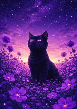Black Cat in a Purple Flower Field Under a Starry Sky