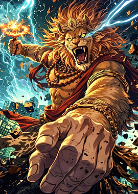 Lion-headed deity in a city