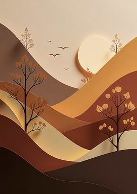 Abstract Autumn Landscape with Trees and Sun