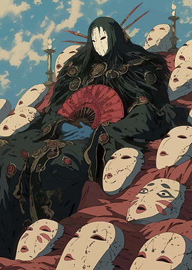 Masked Figure with Fan and Masks