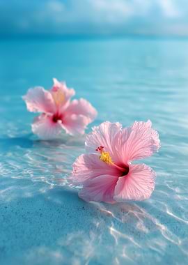 Pink Hibiscus Flowers Floating in Water