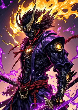 Fiery Samurai Warrior with Swords