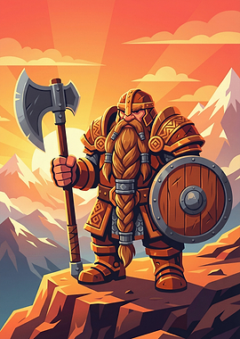 Pixel Art Dwarf Warrior with Axe and Shield