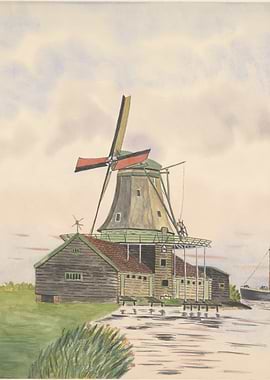 Watercolor painting of a Dutch windmill