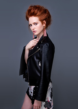 Madelaine Petsch Redhead in Leather Jacket and Floral Shorts