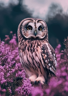 Short-eared owl in purple heather