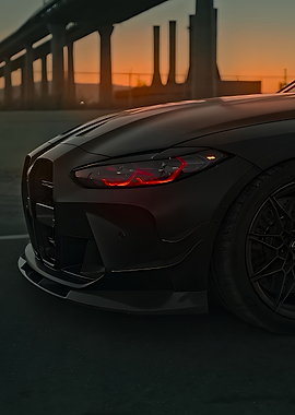 Dark BMW M4 Headlight at Sunset