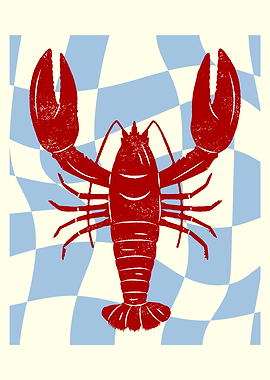 Red Lobster on Blue and Cream Background