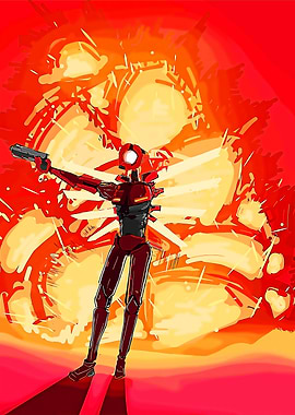 Robot firing gun in explosion