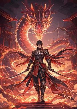 Warrior and Dragon in Fiery Landscape