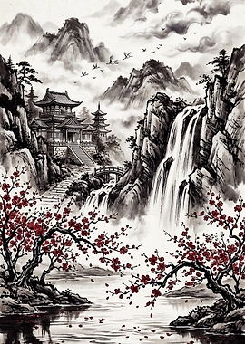 Waterfall Sanctuary with Cherry Blossoms