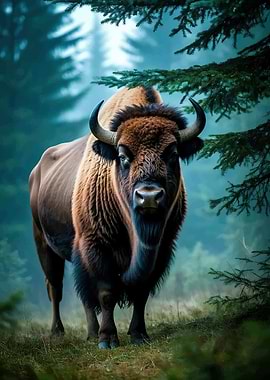 Bison in a Misty Forest