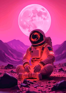 Astronaut on alien planet with pink moon