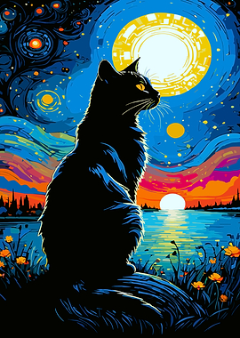 Black Cat Under Starry Sky