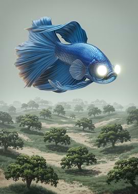 Surreal Blue Betta Fish Over Landscape