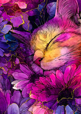 Sleeping Cat In Purple Flowers