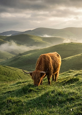 Highland Cow Grazing in Misty Hills