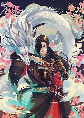 Anime Man and Dragon with Flowers