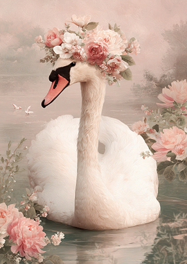 Swan with Flower Crown on Water