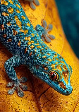 Vibrant Blue and Yellow Gecko on Leaf