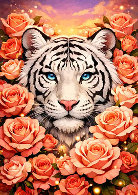 White Tiger Surrounded by Roses