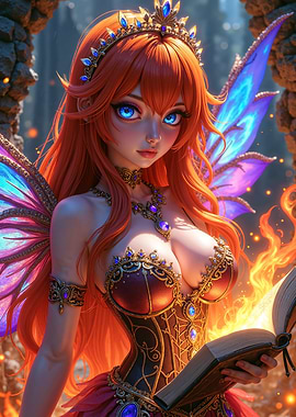 Fairy Anime Elf Girl Reading a Magical Book