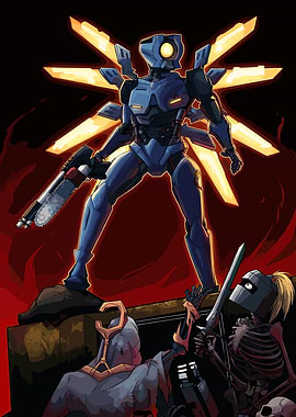 Robot Warrior with Chainsaw and Skeletons