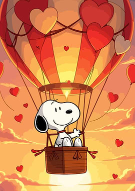 Snoopy in a hot air balloon with hearts