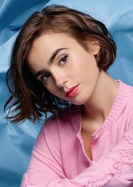 Lily Collins in Pink Cardigan