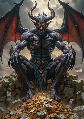 Drk Fantasy Demon Sitting on Gold and Money