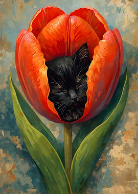 Black kitten sleeping in a red tulip
