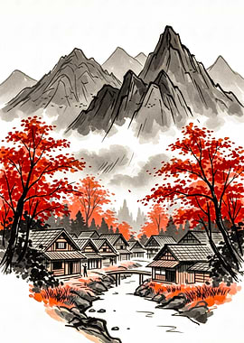 Japanese Village in Autumn Mountains