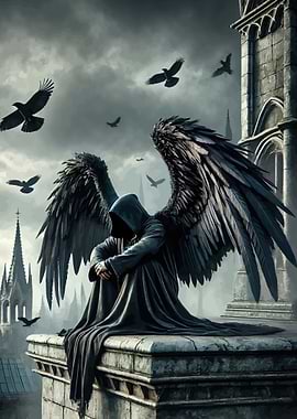 Dark Angel Sitting on Rooftop