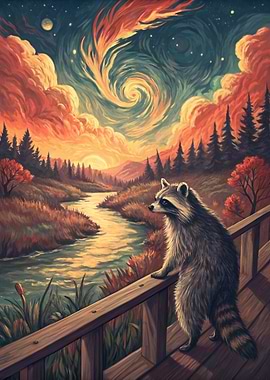 Raccoon on a bridge overlooking a river