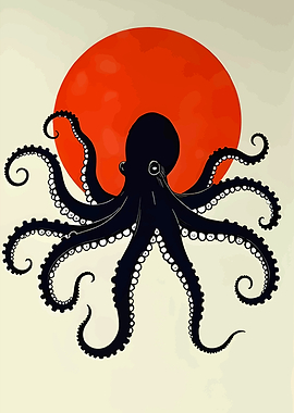 Octopus in front of a red sun